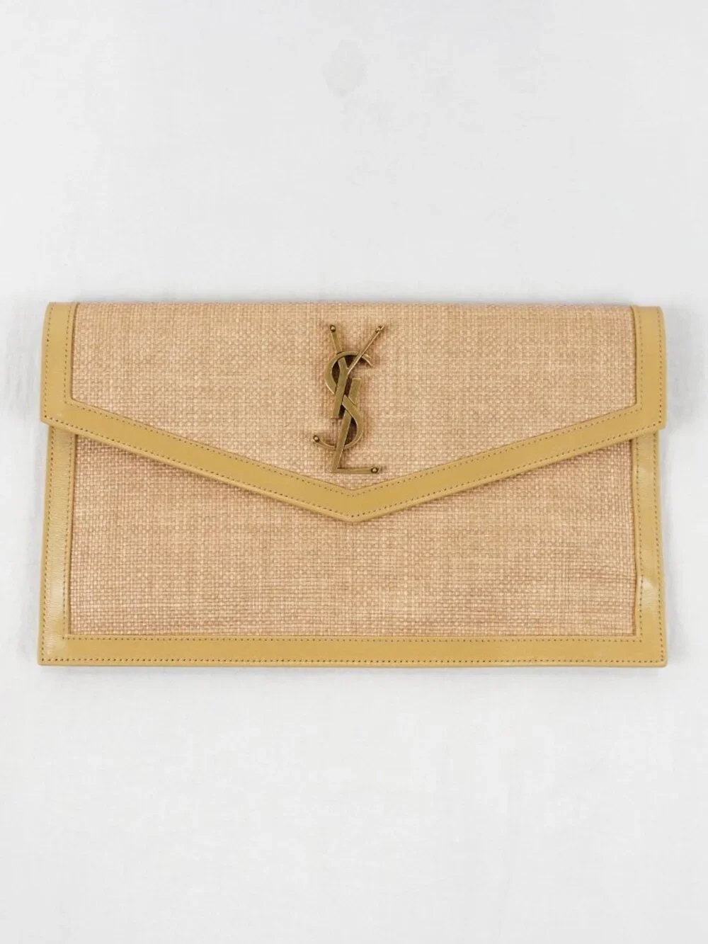 Saint Laurent Uptown Pouch In Natural Hay Micro Raffia With Blush Leather Trim